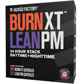 Jacked Factory pack frontal mostrando Burn-XT y Lean PM para apoyo 24 horas