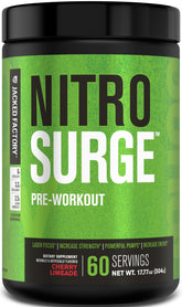 Jacked Factory nitrosurge frente del envase mostrando beneficio de energía duradera