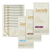 Jacob Bar pack frontal mostrando tres sabores y beneficio de proteína limpia