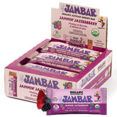 JAMBAR empaque frontal mostrando sabor Jammin Jazzleberry y beneficios orgánicos