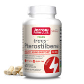 Jarrow Formulas frasco frontal claro mostrando pterostilbeno y beneficio antioxidante