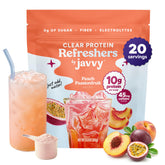 Javvy empaque frontal que muestra sabor Peach Passion y beneficios claros