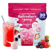 Javvy empaque frontal mostrando sabor Strawberry Berry Acai y beneficios