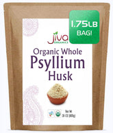 Jiva Organics bolsa frontal mostrando tamaño y beneficio de fibra