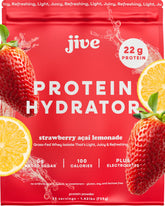 Jive frente del envase mostrando diseño y sabor Strawberry Acai Lemonade, transmite frescura