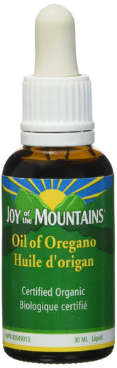 Joy of the Mountains frasco frontal mostrando etiqueta y beneficio de pureza orgánica