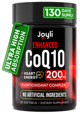 JOYLI Nutrition frasco frontal mostrando CoQ10 200 mg y beneficios