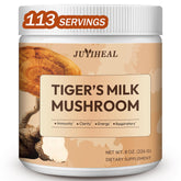 JUYIHEAL envase frontal de Tiger Milk Mushroom mostrando 113 porciones y beneficio respiratorio