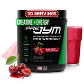 JYM bote frente con etiqueta visible y sabor black cherry mostrando diseño y confianza