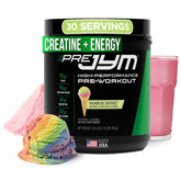 JYM Pre JYM envase frontal mostrando la marca y el sabor Rainbow Sherbet, claro y llamativo