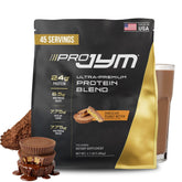 JYM Pro JYM frontal del envase mostrando etiqueta y sabor chocolate peanut butter para elección clara