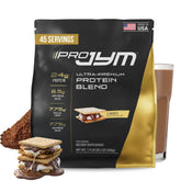 JYM Pro JYM S'mores vista frontal del envase con etiqueta clara y beneficios