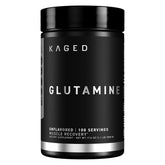 Kaged envase frontal de L-glutamina vegana, muestra confianza y pureza