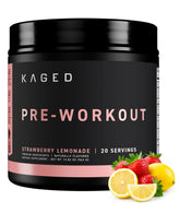 Kaged Pre-Kaged frente del envase mostrando sabor fresa limonada y beneficio de energía limpia