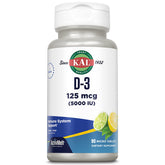 KAL envase frontal del producto mostrando 90 microtabletas y sabor limón-lima