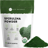 Kate Naturals envase frontal de espirulina orgánica, práctico y resellable