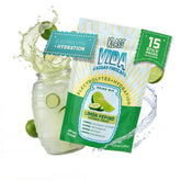 KLASS VIDA empaque frontal cucumber limeade mostrando 15 sobres y ventaja portátil