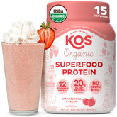 KOS bote frontal sabor Strawberry & Cream mostrando diseño y beneficio orgánico