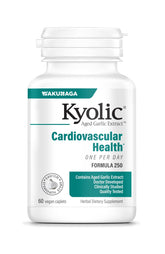 Kyolic vista frontal del empaque mostrando caplets veganos y beneficios cardiovasculares