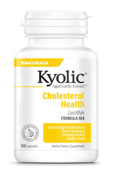 Kyolic envase frontal Formula 104 mostrando sello orgánico y beneficio cardiovascular