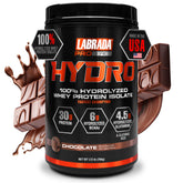 Labrada Hydro frente del envase mostrando el tamaño y el sabor chocolate, beneficio: claridad de producto