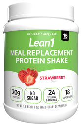 LEAN1 tarro frontal sabor fresa mostrando diseño y cantidad útil