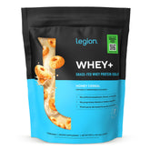 LEGION Whey+ frente del empaque mostrando sabor Honey Cereal y beneficios