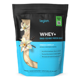 LEGION Whey+ frente del envase mostrando sabor french vanilla y beneficios