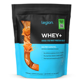LEGION envase frontal del Whey+ mostrando sabor caramelo salado y beneficios