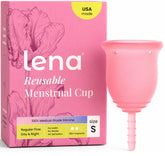 LENA copa menstrual frontal con empaque rosa, visualización clara y compacta