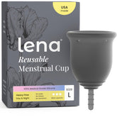 LENA copa frontal en su empaque mostrando diseño y beneficio reutilizable