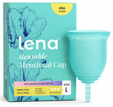 LENA empaque frontal mostrando la copa y beneficios reutilizables