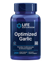 Life Extension envase frontal de Optimized Garlic mostrando cápsulas y beneficio cardiovascular