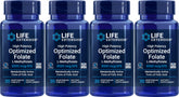 Life Extension frasco frontal del folato optimizado mostrando la etiqueta y el conteo, ideal para abastecimiento prolongado