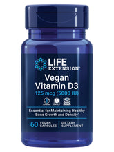 Life Extension frasco frontal de D3 vegano mostrando etiqueta y beneficio vegano