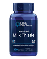 Life Extension envase frontal de Advanced Milk Thistle mostrando 120 softgels y beneficio de soporte hepático