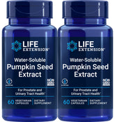 Life Extension frasco frontal del extracto de semilla de calabaza con etiqueta clara y beneficios