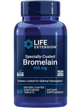 Life Extension envase frontal de bromelina que destaca recubrimiento entérico y beneficios