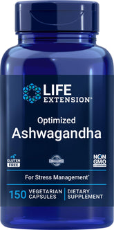 Life Extension frasco frontal de Optimized Ashwagandha mostrando el envase y cantidad