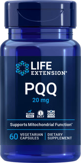 Life Extension frasco delantero con PQQ 20 mg mostrando etiqueta y beneficio de apoyo mitocondrial
