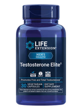 Life Extension frasco frontal mostrando Testosterone Elite y beneficio de apoyo hormonal