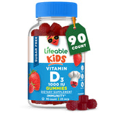 Lifeable envase frontal de gomitas vitamina D mostrando 90 unidades y beneficio de fácil administración