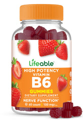 Lifeable envase frontal de gomitas B6 mostrando cantidad y sabor fresa