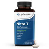 LifeSeasons Nitro-T envase frontal mostrando cápsulas y marca beneficiando energía