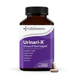 LifeSeasons frasco Urinari-X frente mostrando la etiqueta y beneficio de alivio rápido