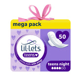 Lil-Lets paquete frontal mostrando 50 compresas, comodidad y protección