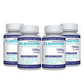 Lipozene frontal del envase mostrando cuatro frascos y beneficios visibles