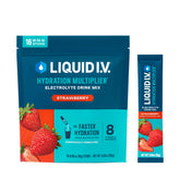 Liquid I.V. vista frontal del paquete que muestra sabor fresa y conveniencia