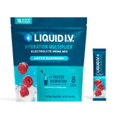 Liquid I.V. frente del empaque mostrando 16 sobres y fácil transporte