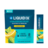 Liquid I.V. caja frontal Lemon Lime mostrando sobres y beneficio de hidratación rápida